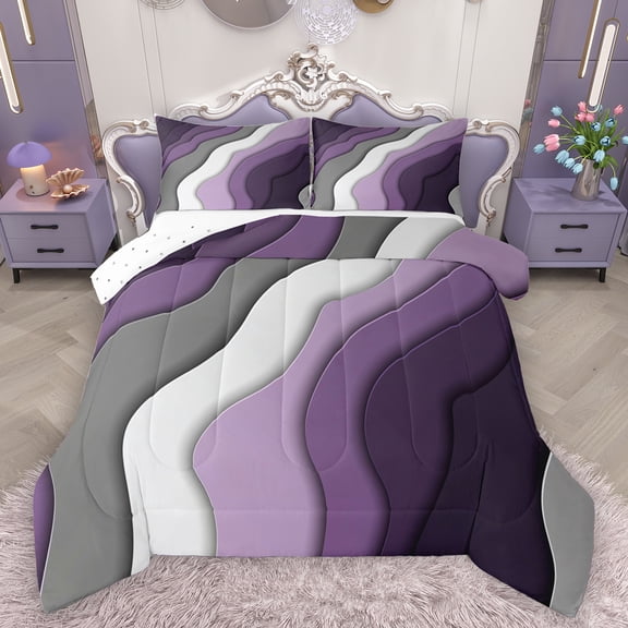 Homewish Geometric Lines Print Queen Comforter Set,Modern Fluid Art Bedding Sets,Purple White Gray Bedding Comforter Set For Teens,Luxury Bedroom Decor Reversible,3-Piece