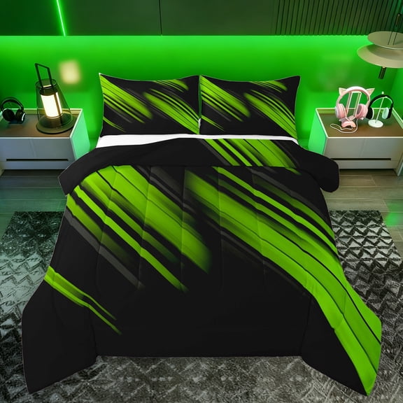 Homewish Geometric Lines Print Queen Comforter Set,Stripes Pattern Bedding Sets,Green Black Bedding Comforter Set For Teens,Luxury Bedroom Decor Reversible,3 Pieces