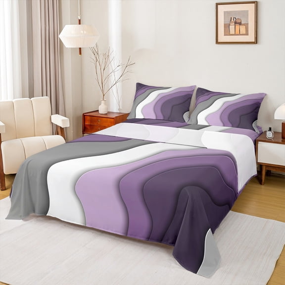 Homewish Geometric Lines Print Queen Sheet Sets,Modern Fluid Art Flat Sheet,Purple White Gray Queen Fitted Sheet For Teens,Luxury Bedroom Decor,4-Piece