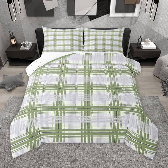 Homewish Geometric Lines Queen Comforter Set,Abstract Geometric Checkerboard Bedding Sets,Green White Gray Bedding Comforter Set For Kids,Breathable Home Decor Reversible,3 Pieces