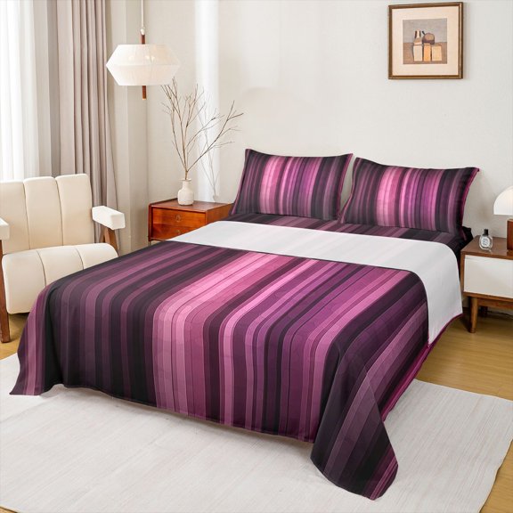 Homewish Geometric Lines Queen Sheet Sets,Minimalist Stripes Aesthetic Flat Sheet,Pink Black Queen Fitted Sheet For Boys Kids,Super Cozy Room Decor,4-Piece