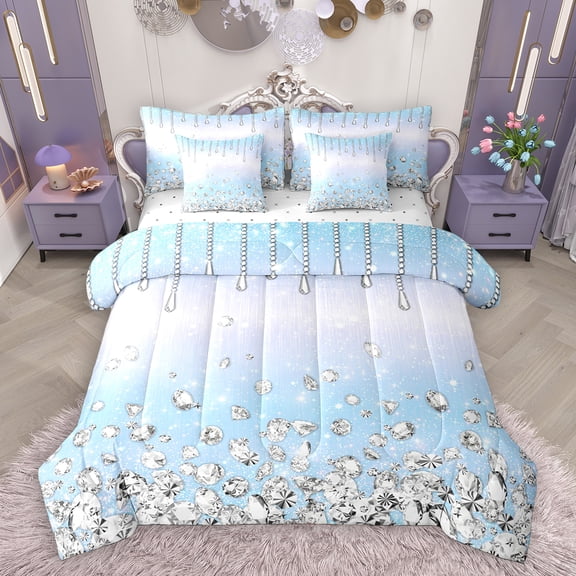 Homewish Geometric Ombre Stripes 7 Pieces Bedding Comforter Set,Chic Silver Diamond Full Bedding Set,Dreamy Blue White Fitted Sheet Flat Sheet For Girl Teens,Luxury Bedroom Decor