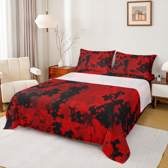 Homewish Geometric Pixel Checkered Bed Sheets,Abstract Camouflage King Sheets,Red Black Sheet Set For Men Women,Luxury Bedroom Decor,4 Pieces
