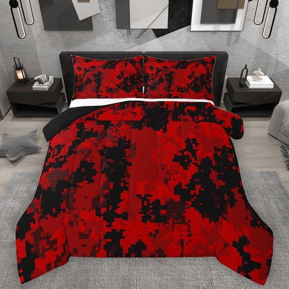 Homewish Geometric Pixel Checkered Queen Comforter Set,Abstract Camouflage Bedding Sets,Red Black Bedding Comforter Set For Men Women,Luxury Bedroom Decor Reversible,3-Piece