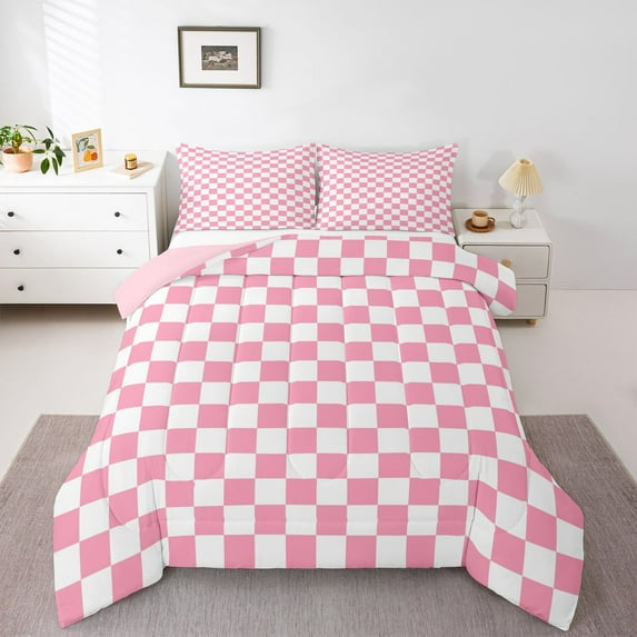 Homewish Geometric Plaid 2pcs Bedding Comforter Set For Teens Boys Girls,Pink White Twin Comforter Sets,Vintage Aesthetic Breathable Bedding Set,Super Cozy Room Decor,Reversible