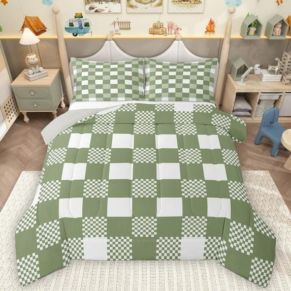 Homewish Geometric Plaid 3-Piece Full Size Comforter Sets For Teens Boys Girls,Green White Bedding Comforter Set,Vintage Aesthetic Lightweight Bedding Sets,Super Cozy Room Decor,Reversible