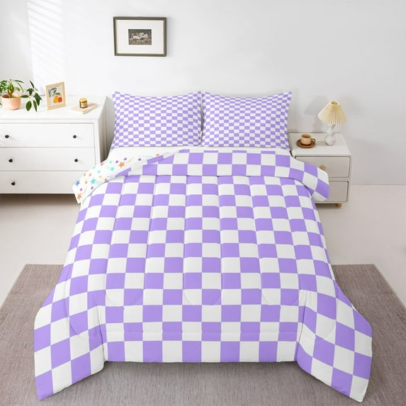 Homewish Geometric Plaid 3-Piece Full Size Comforter Sets For Teens Boys Girls,Purple White Bedding Comforter Set,Vintage Aesthetic Lightweight Bedding Sets,Super Cozy Room Decor,Reversible