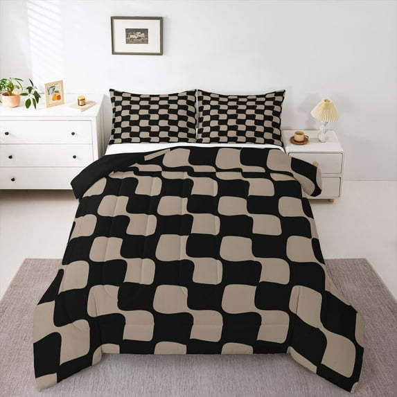 Homewish Geometric Plaid 3 Pieces Queen Comforter Set for Teens Boys Girls,Vintage Aesthetic Ultra Soft Bedding Sets,Minimalist Grid Checkered Bedding Comforter Set Breathable,Lightweight Room Decor