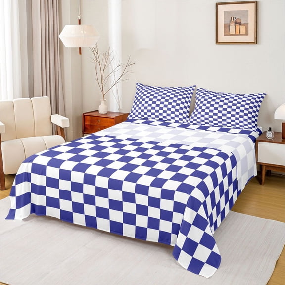 Homewish Geometric Plaid 4 Pieces Queen Sheet Sets For Teens Boys Girls,Blue White Ultra Soft Flat Sheet,Vintage Aesthetic Queen Fitted Sheet,Super Cozy Room Decor