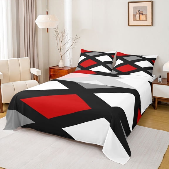 Homewish Geometric Plaid 4 Pieces Queen Sheet Sets for Teens Girls Boys,Black Red White Ultra Soft Flat Sheet,Vintage Aesthetic Queen Fitted Sheet,Lightweight Room Decor