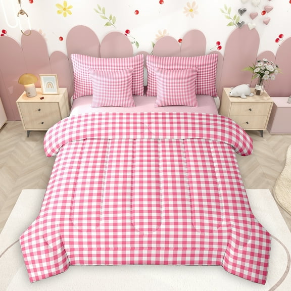 Homewish Geometric Plaid 7-Piece Bedding Comforter Set,Modern Minimalist Checkerboard King Bedding Sets,Pink White Bed Sheets For Teens,Ultra Soft Home Decor Reversible
