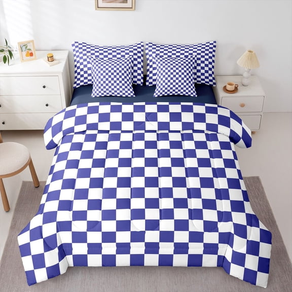 Homewish Geometric Plaid 7-Piece Bedding Comforter Set For Teens Boys Girls,Blue White King Bedding Sets,Vintage Aesthetic Ultra Soft Bed Sheets,Super Cozy Room Decor,Reversible