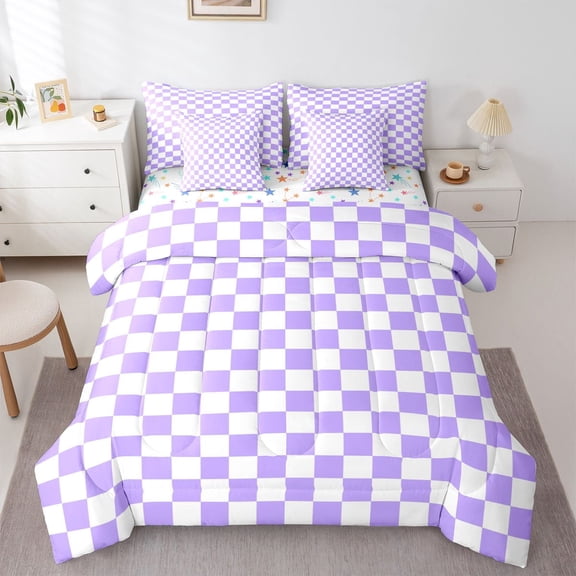 Homewish Geometric Plaid 7-Piece Bedding Comforter Set For Teens Boys Girls,Purple White King Bedding Sets,Vintage Aesthetic Ultra Soft Bed Sheets,Super Cozy Room Decor,Reversible