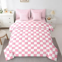Homewish Geometric Plaid 7-Piece Twin Bedding Sets For Teens Boys Girls,Pink White Bedding Comforter Set,Vintage Aesthetic Breathable Sheet Sets,Super Cozy Room Decor,Reversible