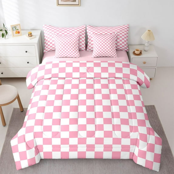 Homewish Geometric Plaid 7-Piece Twin Bedding Sets For Teens Boys Girls,Pink White Bedding Comforter Set,Vintage Aesthetic Breathable Sheet Sets,Super Cozy Room Decor,Reversible