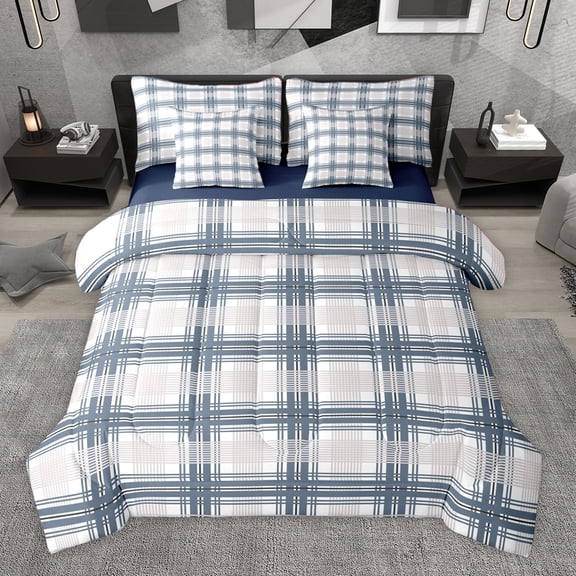 Homewish Geometric Plaid 7 Pieces Bedding Comforter Set,Modern Minimalist Striped Full Bedding Set,Gray Deepblue Fitted Sheet Flat Sheet For Teens,Ultra Soft Home Decor Reversible