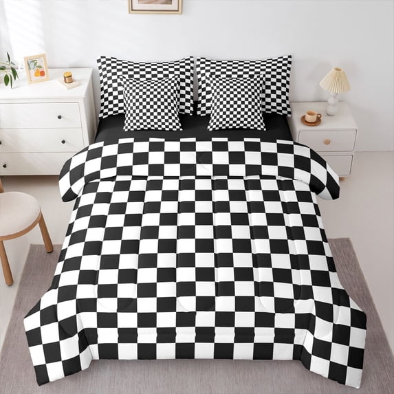 Homewish Geometric Plaid 7 Pieces Bedding Comforter Set For Teens Boys Girls,Black White Full Bedding Set Lightweight,Vintage Aesthetic Fitted Sheet Flat Sheet,Super Cozy Room Decor,Reversible