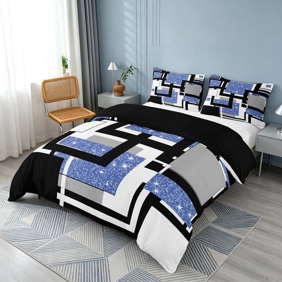 Homewish Geometric Plaid Bedding, Blue White Black Duvet Cover Full, Black Reversible, 3pcs 1 Duvet Cover and 2 Pillowcases
