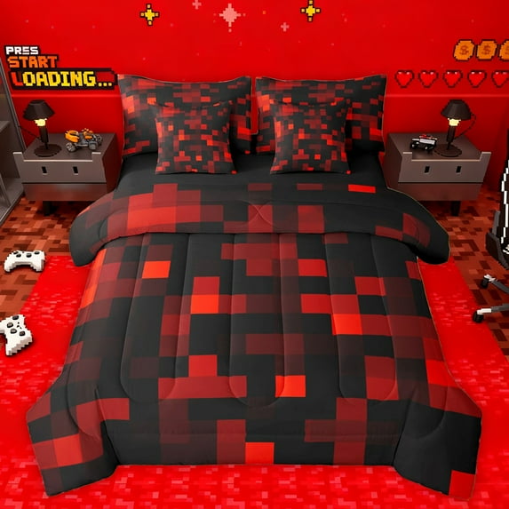 Homewish Geometric Plaid Bedding Comforter Set 7pcs for Adults Boys Girls,Building Blocks Queen Bedding Sets Super Cozy,Abstract Grid Checkered Queen Sheet Sets,Super Cozy Room Decor,Reversible