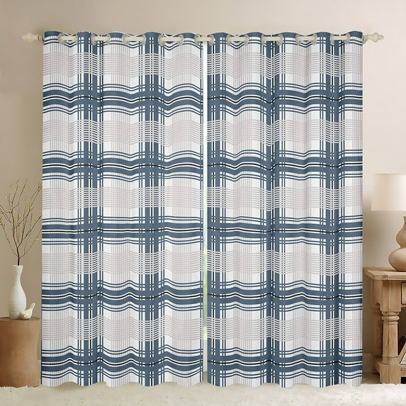 Homewish Geometric Plaid Curtains Pack of 2 (42x84 Each),Modern Minimalist Striped Curtains Blackout,Gray Deepblue Bedroom Curtains For Teens,Ultra Soft Home Decor