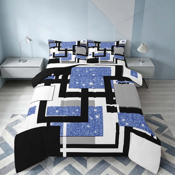 Homewish Geometric Plaid Full Size Comforter Sets, Blue White Black Bedding Comforter Set, Black Reversible, 3pcs 1 Comforter and 2 Pillowcases
