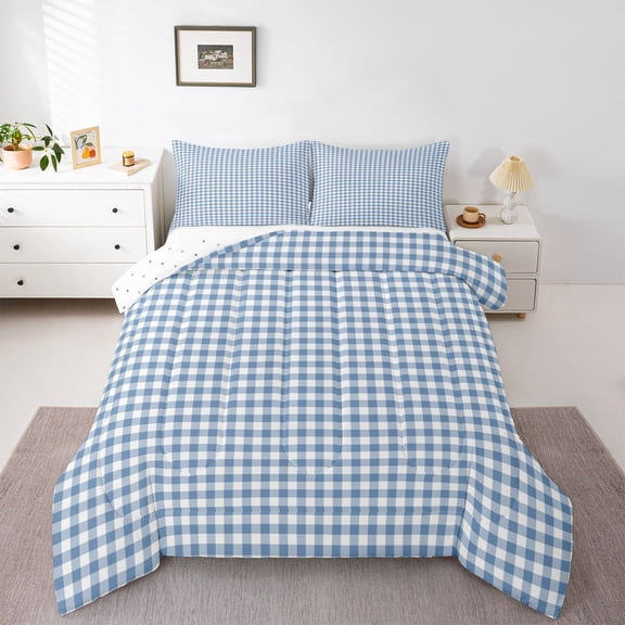 Homewish Geometric Plaid Full Size Comforter Sets,Modern Minimalist Checkerboard Bedding Comforter Set,White Blue Bedding Sets For Teens,Ultra Soft Home Decor Reversible,3-Piece