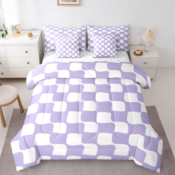 Homewish Geometric Plaid Grid Bedding Comforter Set 7-Piece for Kids Teens,Purple White King Bedding Sets,Mid Century Ultra Soft Bed Sheets,Breathable Home Decor,Reversible
