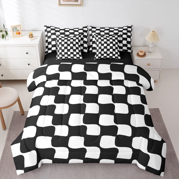 Homewish Geometric Plaid Grid Twin Bedding Sets 7-Piece for Kids Teens,Black White Bedding Comforter Set Microfiber,Mid Century Breathable Sheet Sets,Breathable Home Decor,Reversible