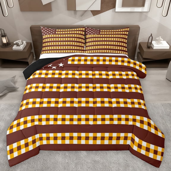 Homewish Geometric Plaid Stripes Bedding Comforter Set 2pcs for Female Men Adults,Abstract American Flag Twin Comforter Sets Microfiber,Minimalist Mid Century Breathable Bedding Set