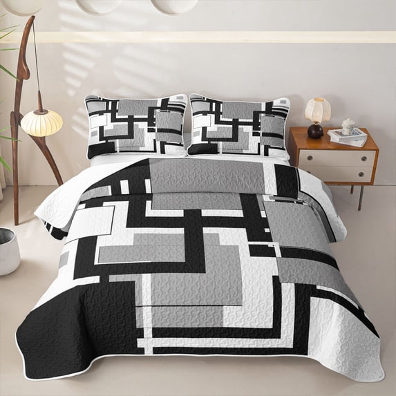Homewish Geometric Plaid Twin Quilt Set,Mid Century Artwork Twin Coverlet Set,Black Gray,2-Piece