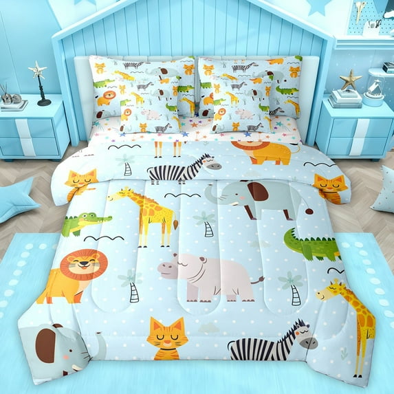 Homewish Geometric Polka Dots 7-Piece Twin Bedding Sets,Zoo Lion Giraffe Bedding Comforter Set,Jungle Elephant Crocodile Sheet Sets For Boys Kids,Luxury Bedroom Decor Reversible