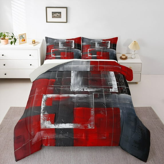 Homewish Geometric Rectangle 3 Pieces Queen Comforter Set for Teens Boys Girls,Vintage Aesthetic Ultra Soft Bedding Sets,Minimalist Abstract Art Bedding Comforter Set Breathable,Luxury Bedroom Decor