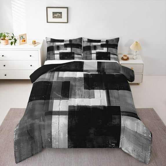 Homewish Geometric Rectangle 3 Pieces Queen Comforter Set for Teens Boys Girls,Vintage Aesthetic Ultra Soft Bedding Sets,Minimalist Abstract Art Bedding Comforter Set Breathable,Luxury Bedroom Decor