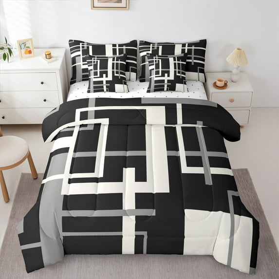 Homewish Geometric Rectangle 7pcs Bedding Comforter Set for Female Men Women,Retro Minimalist Queen Bedding Sets Super Cozy,Vintage Aesthetic Queen Sheet Sets,Microfiber Bedroom Decor,Reversible