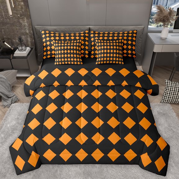 Homewish Geometric Rhombus Textured 7-Piece Bedding Comforter Set,Minimalism Desgin King Bedding Sets,Orange Black Bed Sheets For Adult,Microfiber Bedroom Decor Reversible