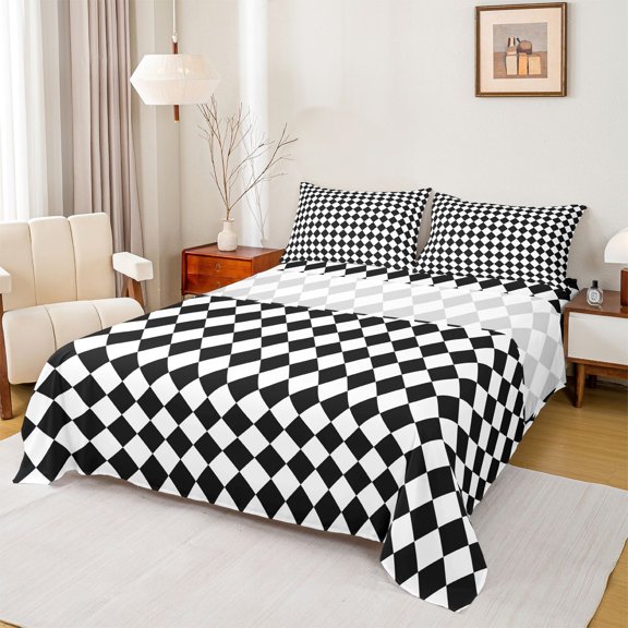Homewish Geometric Rhombus Textured Bed Sheets,Classic Checkered Desgin King Sheets,Black White Sheet Set For Men Women,Microfiber Bedroom Decor,4 Pieces