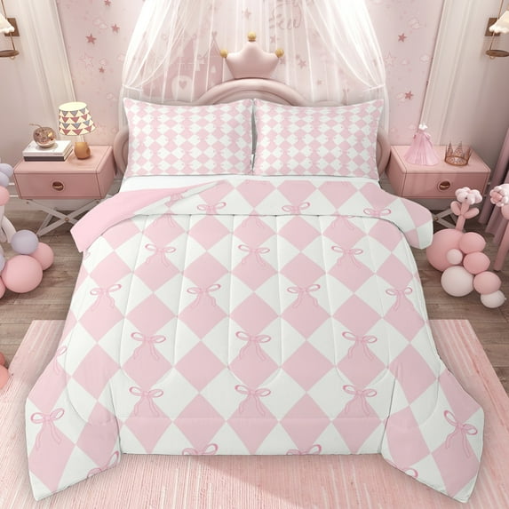 Homewish Geometric Rhombus Textured Bedding Comforter Set,Cute Cartoon Bowknot Twin Comforter Sets,White Pink Bedding Set For Adult,Microfiber Bedroom Decor Reversible,2pcs