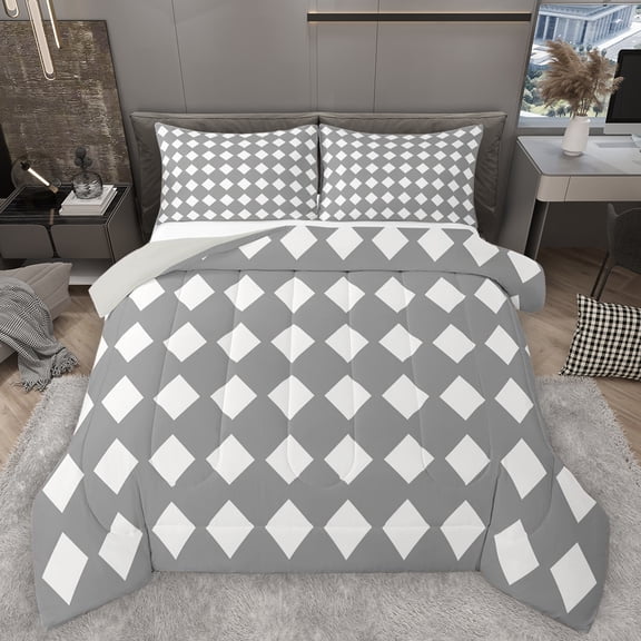 Homewish Geometric Rhombus Textured Bedding Comforter Set,Minimalism Desgin Twin Comforter Sets,Gray White Bedding Set For Adult,Microfiber Bedroom Decor Reversible,2 Pieces