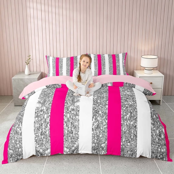 Homewish Geometric Stripe Bedding, Glitter Sequin Bling Print Duvet Cover Full, Hot Pink White Gray, Pink Reversible, 3pcs 1 Duvet Cover and 2 Pillowcases
