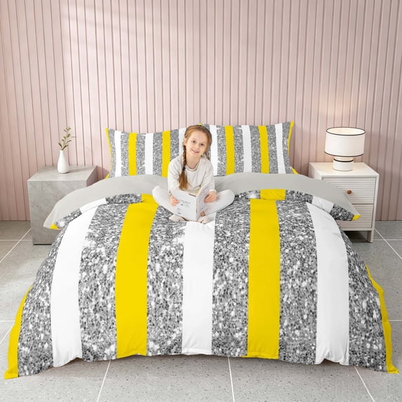 Homewish Geometric Stripe Bedding, Glitter Sequin Bling Print Duvet Cover Full, Yellow White Gray, Gray Reversible, 3pcs 1 Duvet Cover and 2 Pillowcases