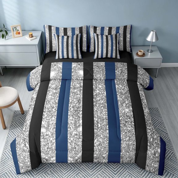 Homewish Geometric Stripe Full Size Bedding Sets, Glitter Sequin Bling Print Full Size Bed in a Bag, Blue Black Gray, Black Reversible, 7 Pieces