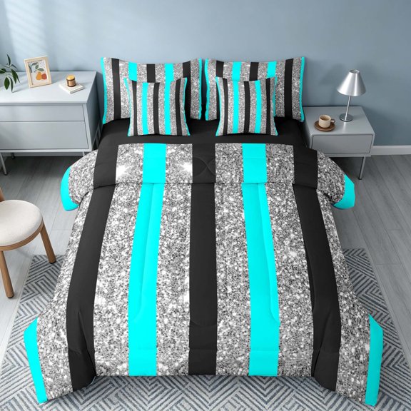 Homewish Geometric Stripe Full Size Bedding Sets, Glitter Sequin Bling Print Full Size Bed in a Bag, Cyan Black Gray, Black Reversible, 7-Piece