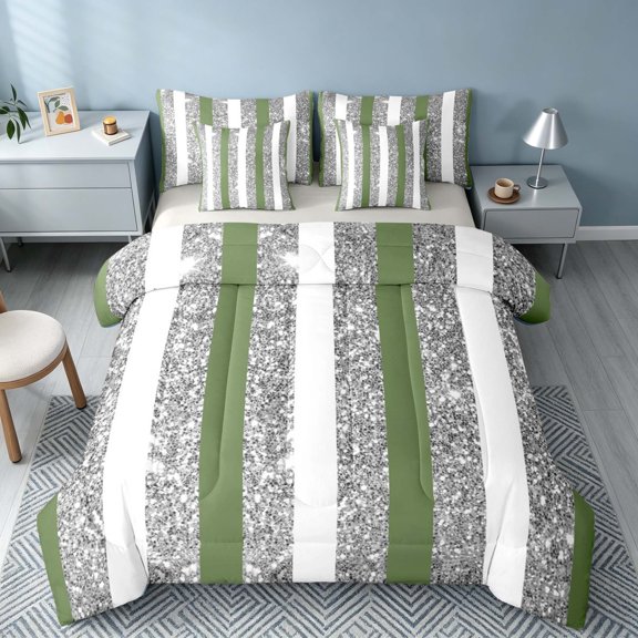 Homewish Geometric Stripe Full Size Bedding Sets, Glitter Sequin Bling Print Full Size Bed in a Bag, Green White Gray, Gray Reversible, 7pcs