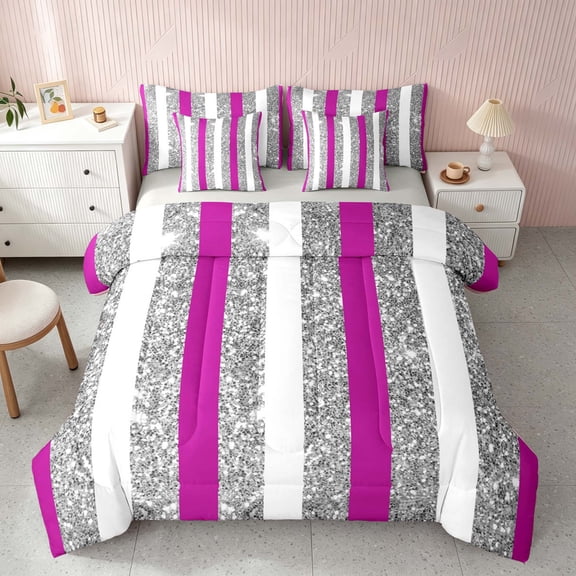 Homewish Geometric Stripe Full Size Bedding Sets, Glitter Sequin Bling Print Full Size Bed in a Bag, Purple White Gray, Gray Reversible, 7 Pieces
