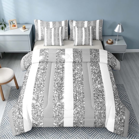 Homewish Geometric Stripe Full Size Bedding Sets, Glitter Sequin Bling Print Full Size Bed in a Bag, White Gray, Gray Reversible, 7 Pieces