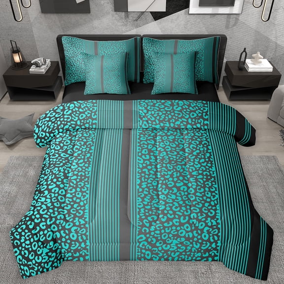Homewish Geometric Stripe Line 7-Piece Bedding Comforter Set,Cyan Leopard Print King Bedding Sets,Chic Cheetah Pattern Bed Sheets For Adults,Super Cozy Room Decor Reversible