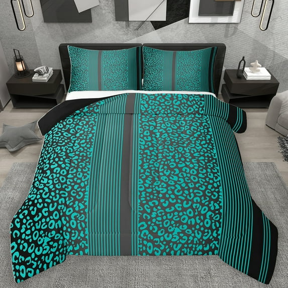 Homewish Geometric Stripe Line Bedding Comforter Set,Cyan Leopard Print Twin Comforter Sets,Chic Cheetah Pattern Bedding Set For Adults,Super Cozy Room Decor Reversible,2 Pieces
