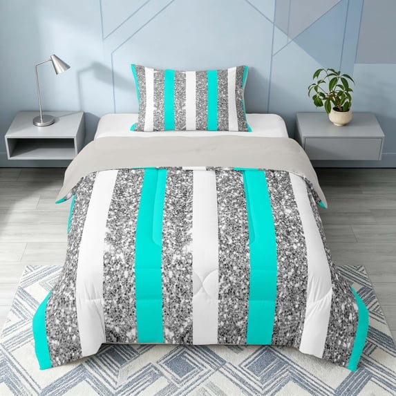 Homewish Geometric Stripe Twin Comforter Sets, Glitter Sequin Bling Print Bedding Set, Cyan White Gray, Gray Reversible, 2-Piece 1 Comforter and 1 Pillowcase