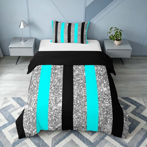 Homewish Geometric Stripe Twin Duvet Cover, Glitter Sequin Bling Print Twin Bedding, Cyan Black Gray, Black Reversible, 2 Pieces 1 Duvet Cover and 1 Pillowcase