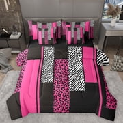 Homewish Geometric Striped 7-Piece Bedding Comforter Set,Leopard Print Zebra Lines King Bedding Sets,Pink White Black Bed Sheets For Girls Kids,Luxury Bedroom Decor Reversible